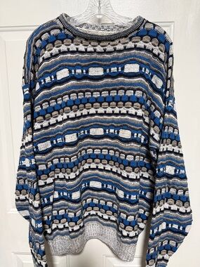 100 % Cotton Vintage Textured Knit Sweater in Blue, Gray, Black, White
